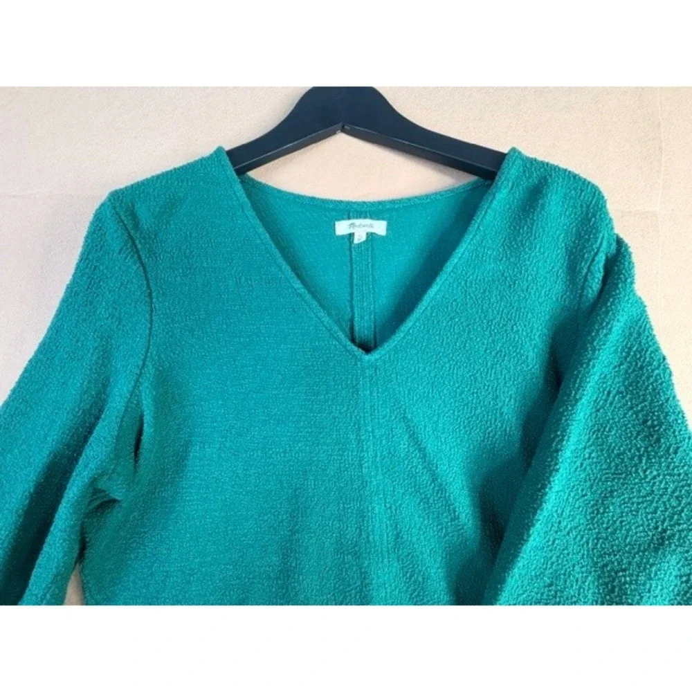 Madewell XL Green Textured Cotton V Neck Puff Sleeve Top Blouse